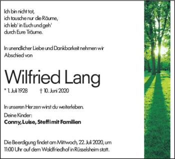 Traueranzeige von Wilfried Lang von vrm-trauer