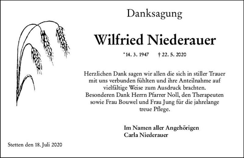  Traueranzeige für Wilfried Niederauer vom 21.07.2020 aus vrm-trauer