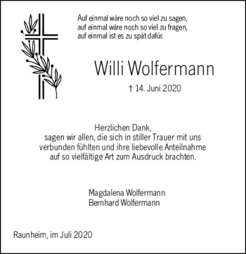 Traueranzeige von Willi Wolfermann von vrm-trauer