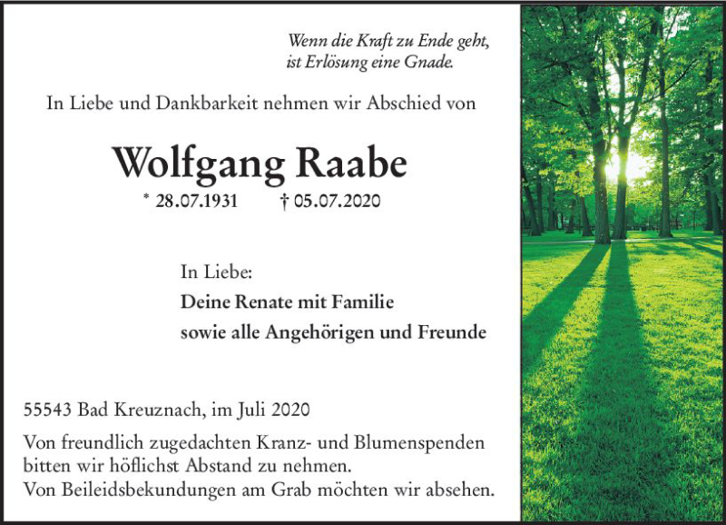  Traueranzeige für Wolfgang Raabe vom 11.07.2020 aus vrm-trauer