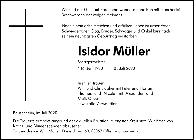  Traueranzeige für Isidor Müller vom 07.07.2020 aus 