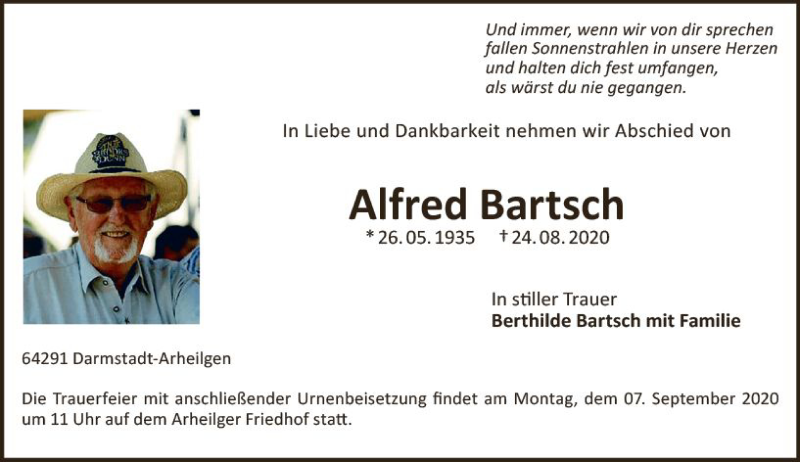  Traueranzeige für Alfred Bartsch vom 29.08.2020 aus vrm-trauer