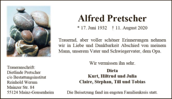 Traueranzeige von Alfred Pretscher von vrm-trauer