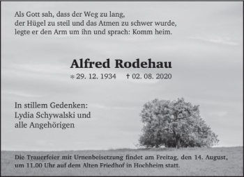Traueranzeige von Alfred Rodehau von vrm-trauer
