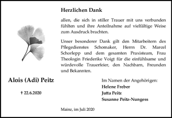 Traueranzeige von Alois Peitz von vrm-trauer
