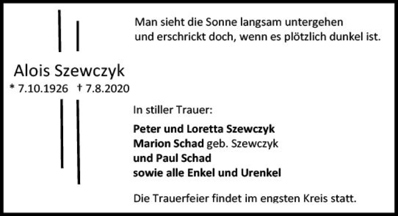  Traueranzeige für Alois Szewczyk vom 15.08.2020 aus vrm-trauer