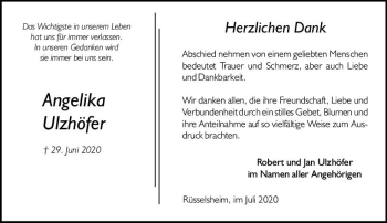 Traueranzeige von Angelika Ulzhöfer von vrm-trauer