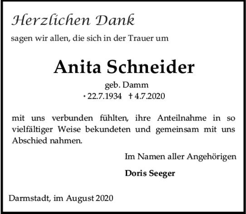  Traueranzeige für Anita Schneider vom 25.07.2020 aus vrm-trauer