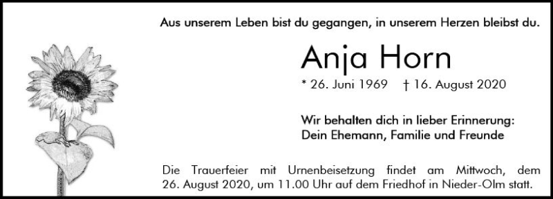  Traueranzeige für Anja Horn vom 22.08.2020 aus vrm-trauer
