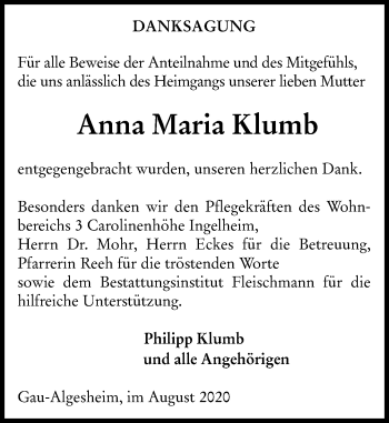 Traueranzeige von Anna Maria Klumb von vrm-trauer