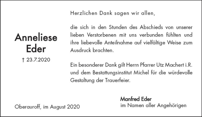  Traueranzeige für Anneliese Eder vom 19.08.2020 aus vrm-trauer