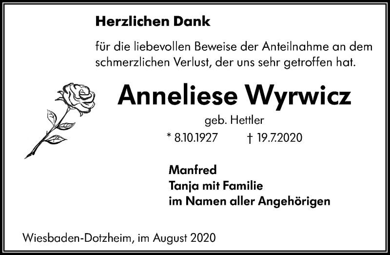  Traueranzeige für Anneliese Wyrwicz vom 08.08.2020 aus vrm-trauer