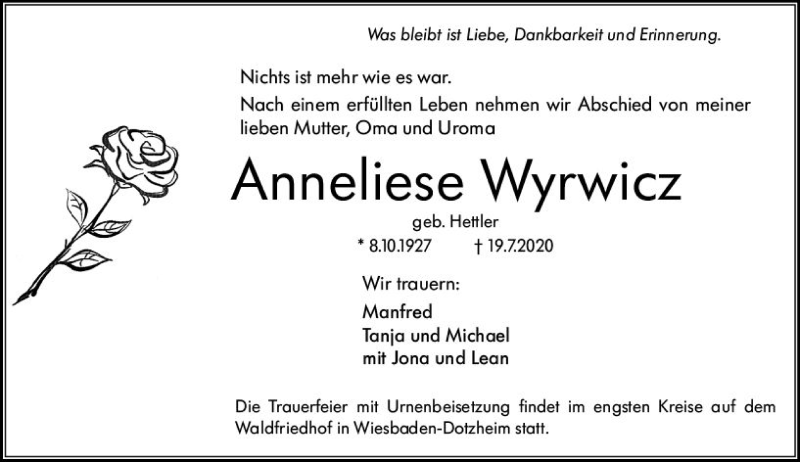 Traueranzeige für Anneliese Wyrwicz vom 25.07.2020 aus vrm-trauer