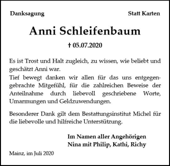 Traueranzeige von Anni Schleifenbaum von vrm-trauer