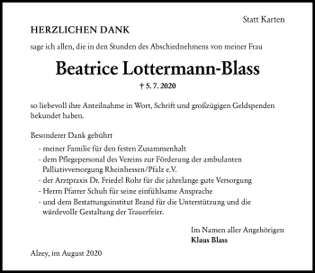 Traueranzeige von Beatrice Lottermann-Blass von vrm-trauer