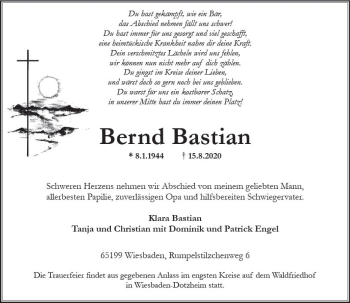 Traueranzeige von Bernd Bastian von vrm-trauer