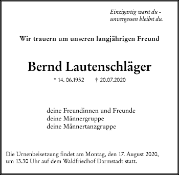 Traueranzeige von Bernd Lautenschläger von vrm-trauer