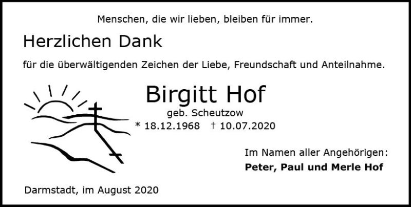  Traueranzeige für Birgitt Hof vom 22.08.2020 aus vrm-trauer