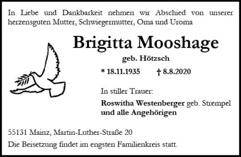  Traueranzeige für Brigitta Mooshage vom 15.08.2020 aus vrm-trauer