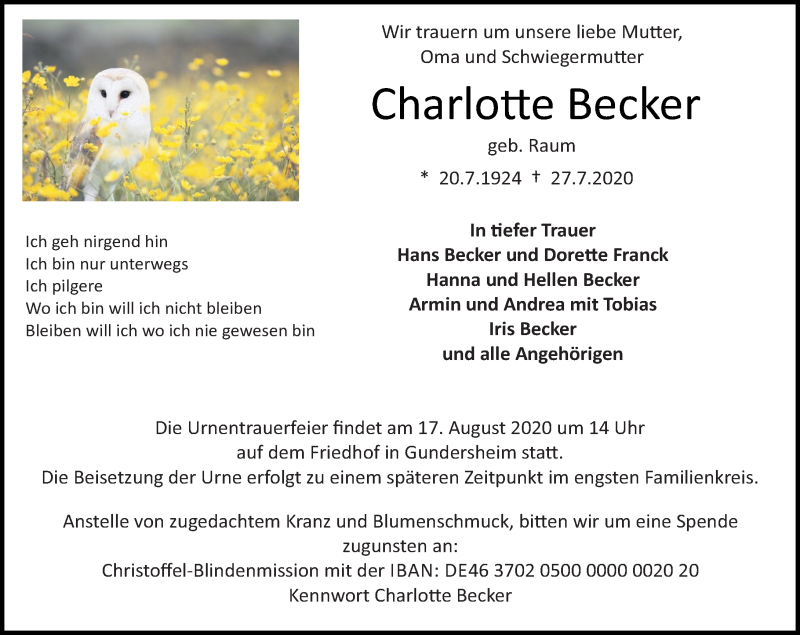  Traueranzeige für Charlotte Becker vom 08.08.2020 aus vrm-trauer