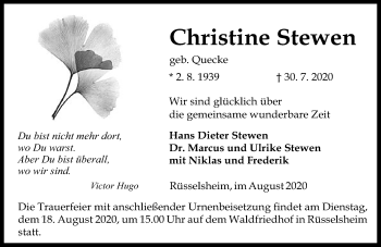 Traueranzeige von Christine Stewen von vrm-trauer