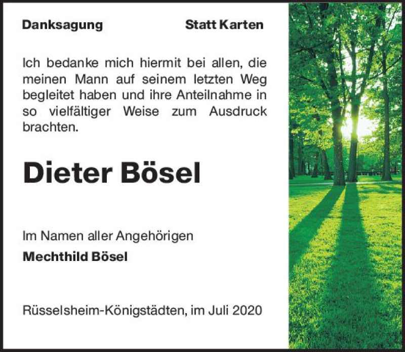  Traueranzeige für Dieter Bösel vom 25.07.2020 aus vrm-trauer