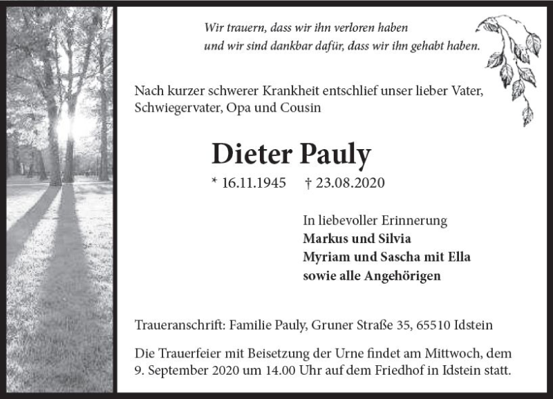  Traueranzeige für Dieter Pauly vom 29.08.2020 aus vrm-trauer