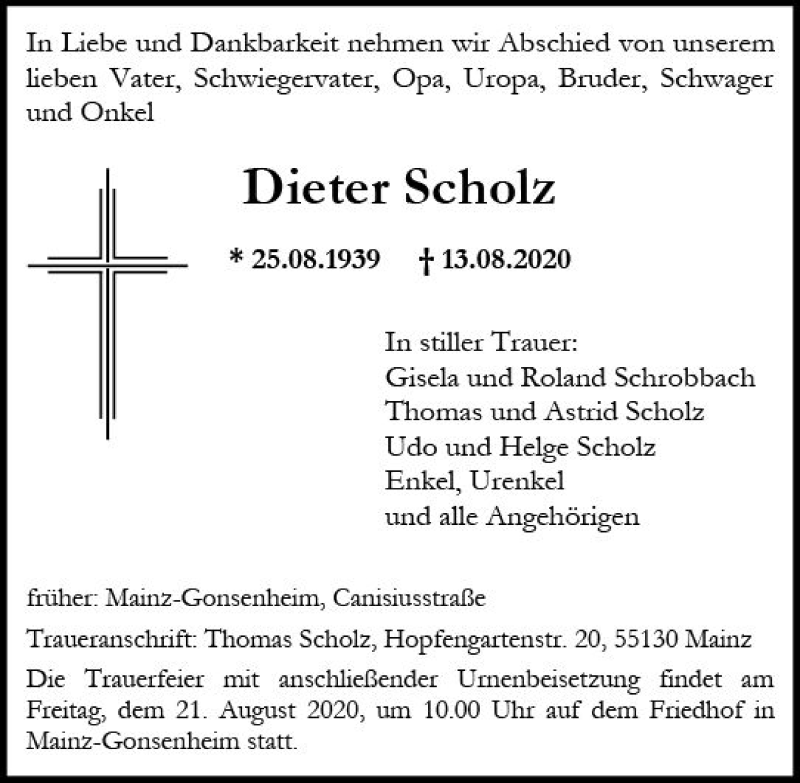  Traueranzeige für Dieter Scholz vom 20.08.2020 aus vrm-trauer
