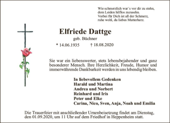 Traueranzeige von Elfriede Dattge von vrm-trauer