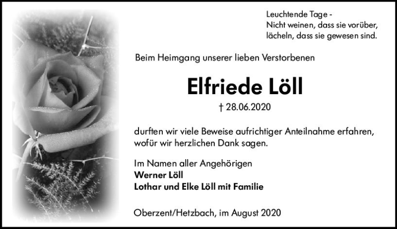  Traueranzeige für Elfriede Löll vom 22.08.2020 aus vrm-trauer