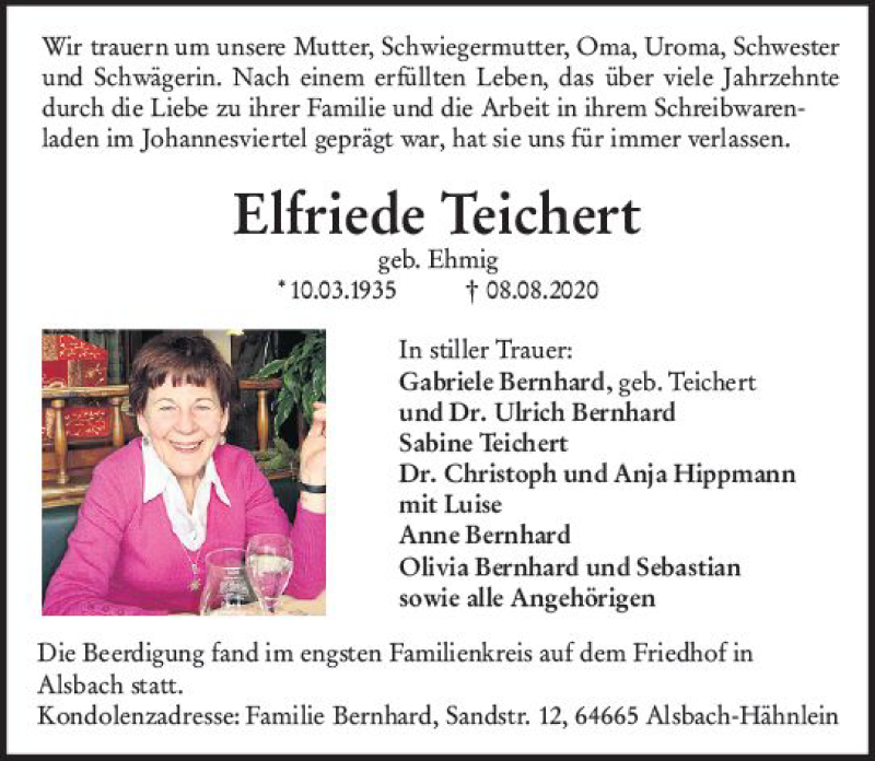  Traueranzeige für Elfriede Teichert vom 15.08.2020 aus vrm-trauer