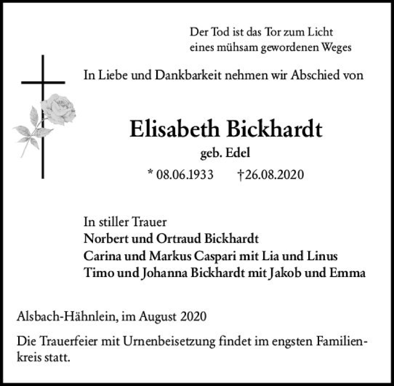  Traueranzeige für Elisabeth Bickhardt vom 29.08.2020 aus vrm-trauer