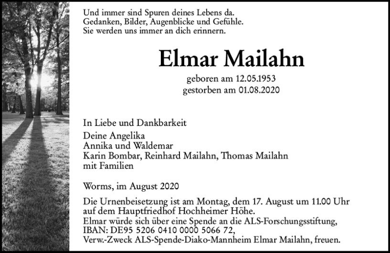  Traueranzeige für Elmar Mailahn vom 12.08.2020 aus vrm-trauer