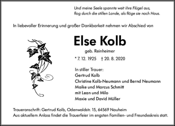 Traueranzeige von Else Kolb von vrm-trauer