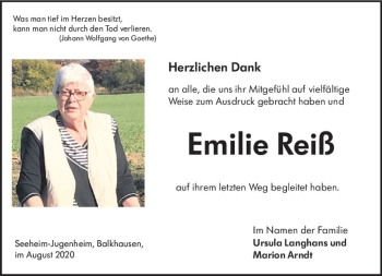 Traueranzeige von Emilie Reiß von vrm-trauer