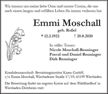 Traueranzeige von Emmi Moschall von vrm-trauer