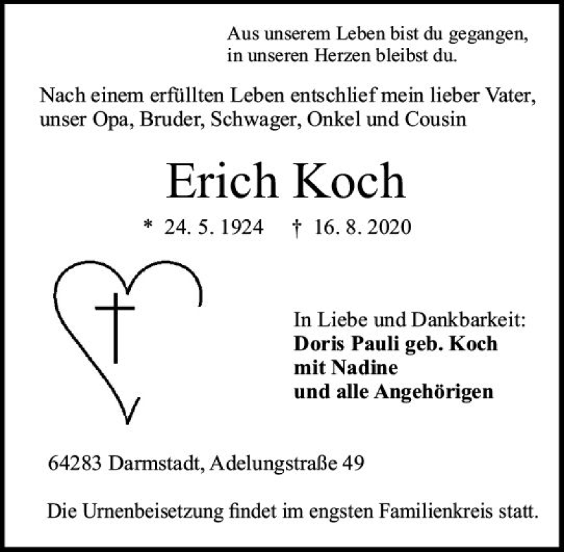  Traueranzeige für Erich Koch vom 22.08.2020 aus vrm-trauer
