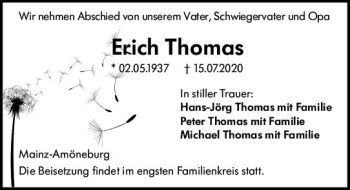 Traueranzeige von Erich Thomas von vrm-trauer
