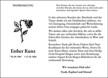 Traueranzeige von Esther Kunz von vrm-trauer
