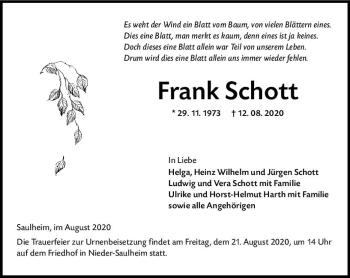Traueranzeige von Frank Schott von vrm-trauer
