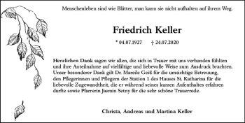 Traueranzeige von Friedrich Keller von vrm-trauer