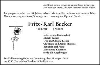 Traueranzeige von Fritz-Karl Becker von vrm-trauer