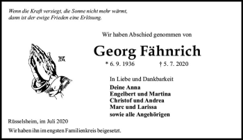 Traueranzeige von Georg Fähnrich von vrm-trauer