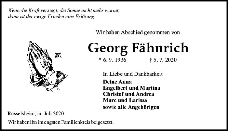  Traueranzeige für Georg Fähnrich vom 25.07.2020 aus vrm-trauer