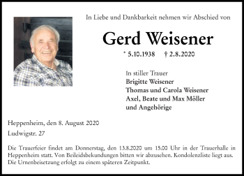 Traueranzeige von Gerd Weisener von vrm-trauer