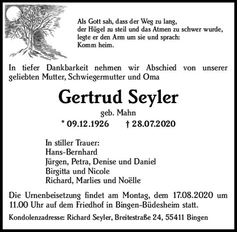  Traueranzeige für Gertrud Seyler vom 08.08.2020 aus vrm-trauer