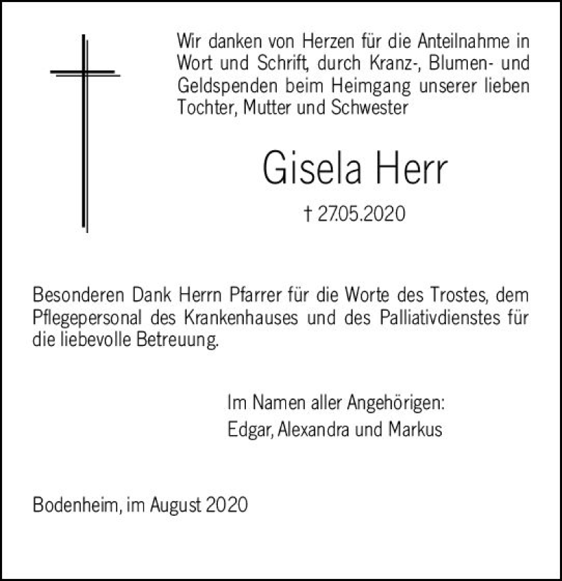  Traueranzeige für Gisela Herr vom 18.08.2020 aus vrm-trauer