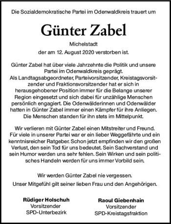 Traueranzeige von Günter Zabel von vrm-trauer