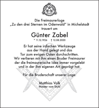 Traueranzeige von Günter Zabel von vrm-trauer