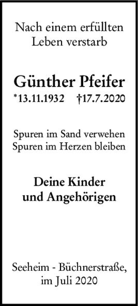  Traueranzeige für Günther Pfeifer vom 25.07.2020 aus vrm-trauer